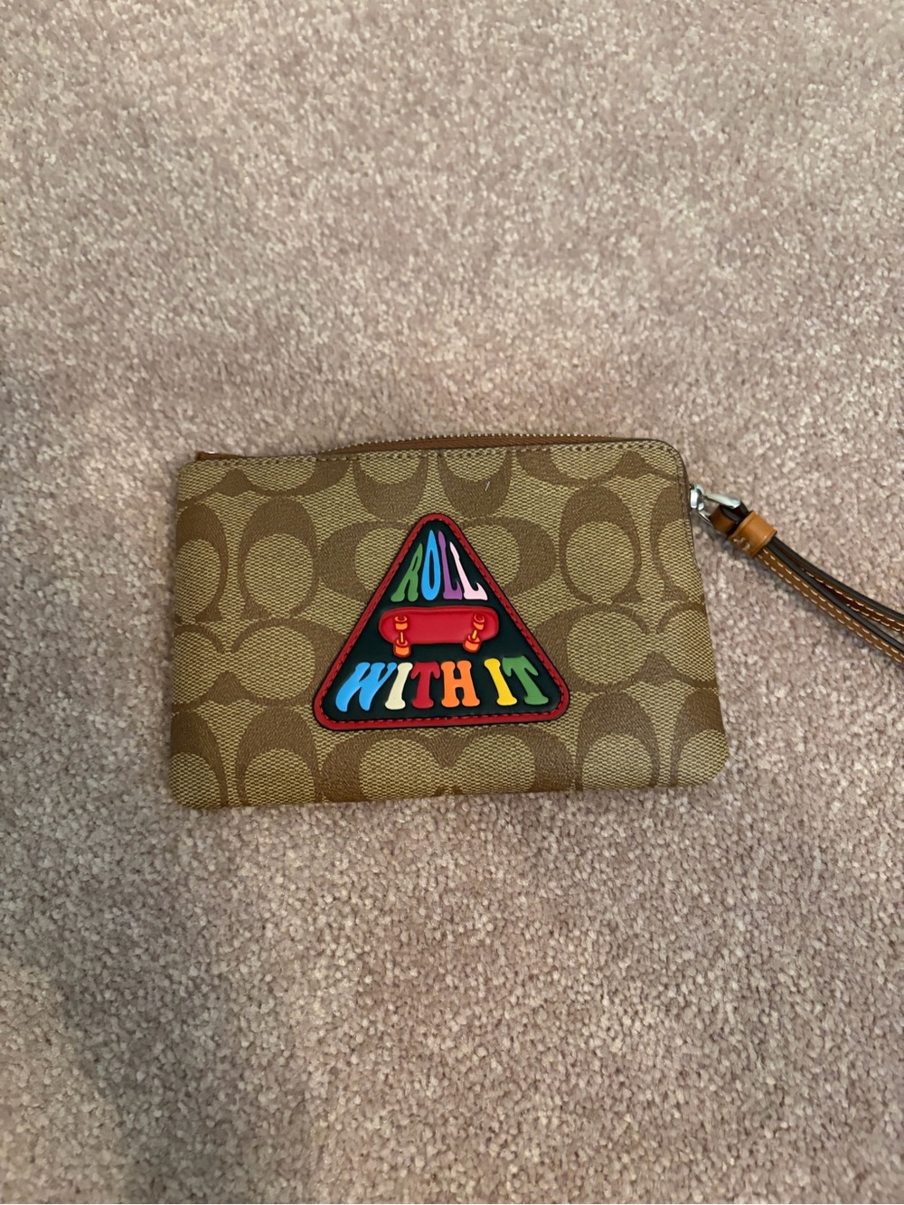 Coach Khaki Signature Canvas Wristlet with Multicolor Patch